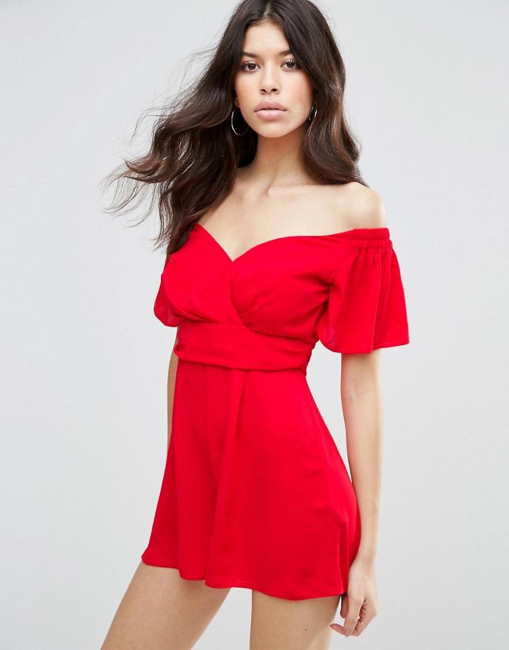 Asos Woven Waisted Bardot Romper With Flutter Sleeve - Red