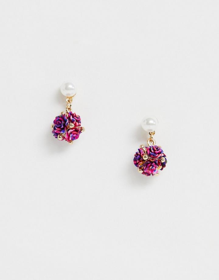 Asos Design Earrings With Pearl And Mini Floral Embellished Drop In Gold Tone - Gold