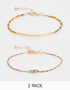 Asos Design Pack Of 2 Bracelet With Multicolored Thread With Gold Bar And Crystal