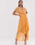 Asos Design Maxi Dress With Cape Back And Dipped Hem In Embellishment - Orange
