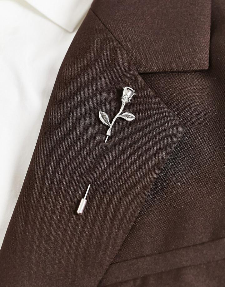 Asos Design Wedding Brooch With Rose In Burnished Silver Tone