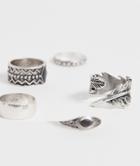 Asos Design Plus Chunky Ring Pack In Burnished Silver With Feather And Black Stone Design - Silver