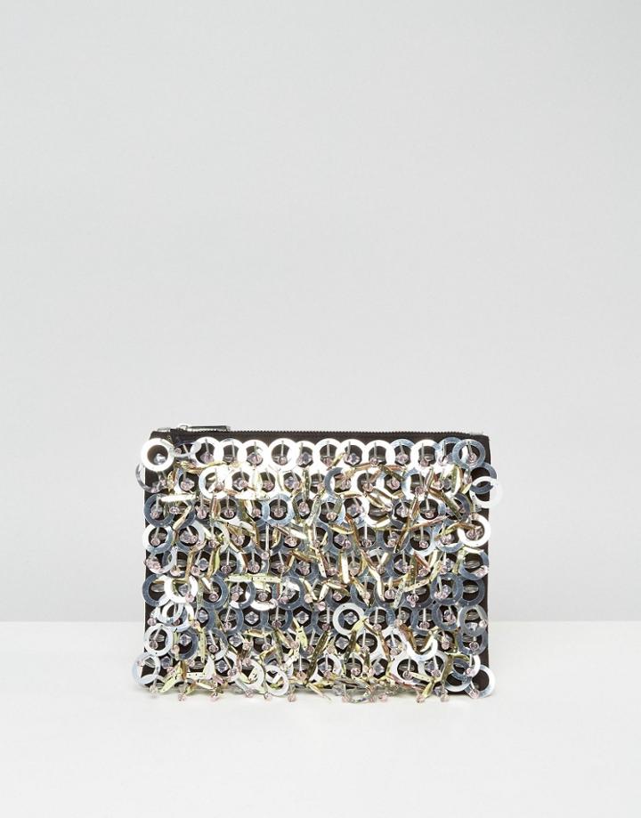 Asos Ring Embellishment Zip Top Clutch Bag - Silver