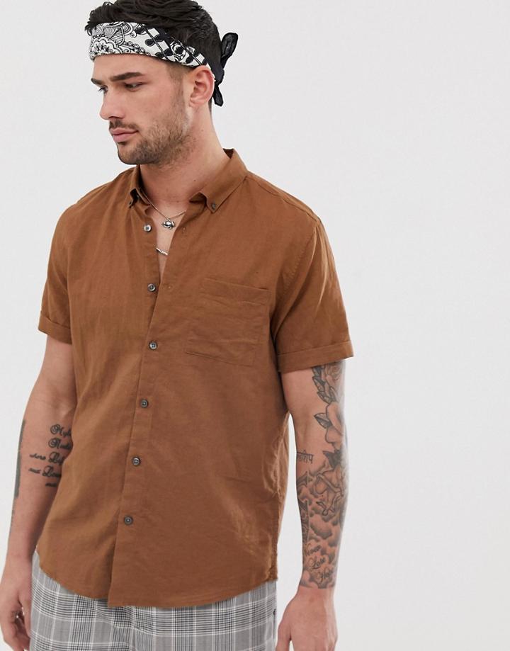 River Island Linen Shirt In Camel-cream