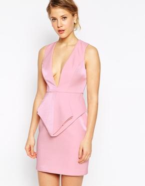 Asos Premium Metallic Shimmer Plunge Peplum Pencil Dress - Pink