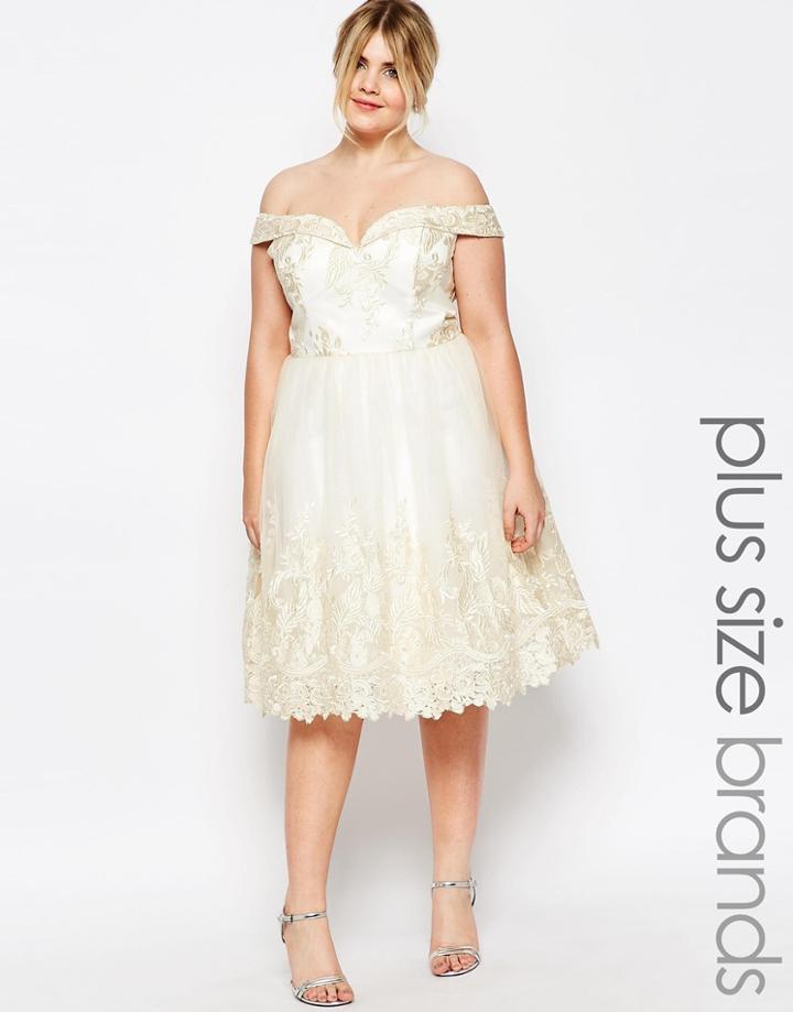 Chi Chi London Plus Lace Bardot Prom Dress - Cream