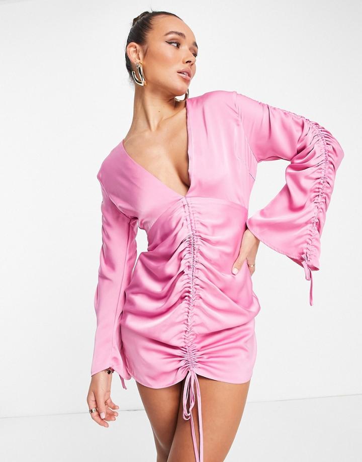 Lola May Satin Ruched Mini Dress With Ties In Pink