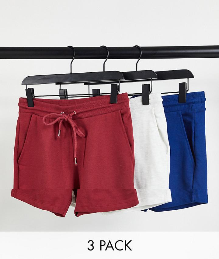 Asos Design Skinny Jersey Shorts In Shorter Length 3 Pack In White Heather/blue/red-multi