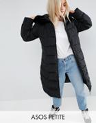 Asos Petite Longline Puffer Coat With Faux Fur Trim Hood - Black