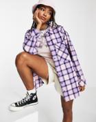 Topshop Oversized Check Shirt In Lilac-purple