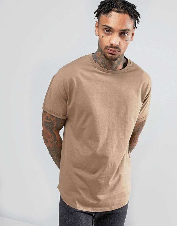 Asos Longline T-shirt In Beige With Roll Sleeve And Curved Hem - Brown