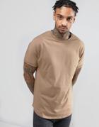 Asos Longline T-shirt In Beige With Roll Sleeve And Curved Hem - Brown