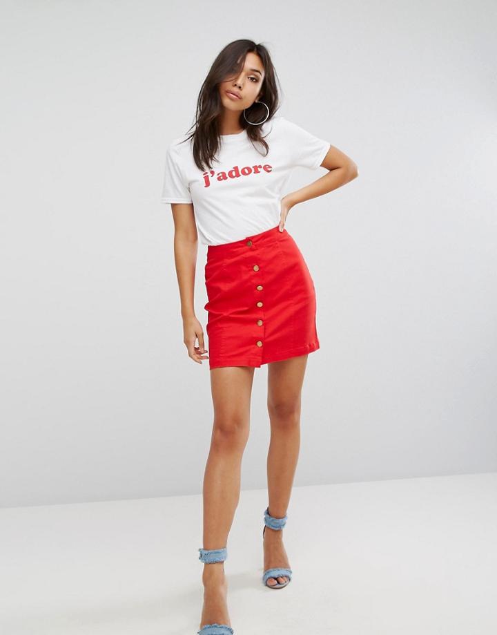 Prettylittlething Button Detail Denim Skirt - Red