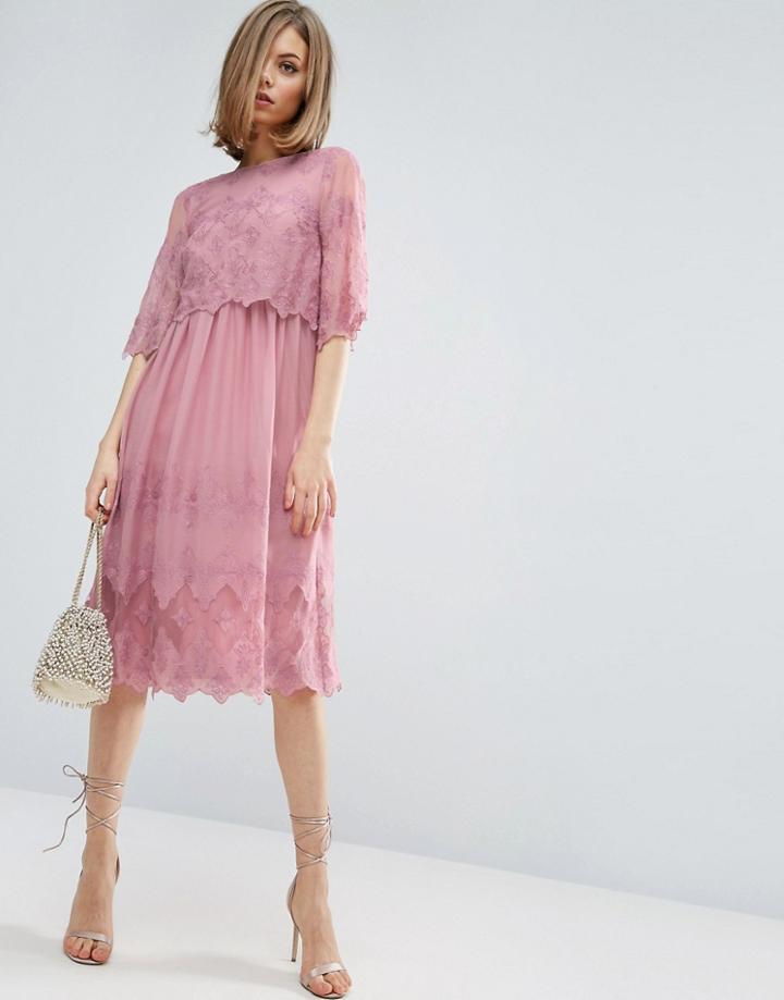 Asos Premium Double Layer Pretty Embroidered Dress - Pink