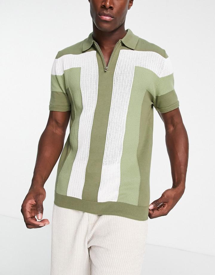 River Island Short Sleeve Retro Textured Polo In Green