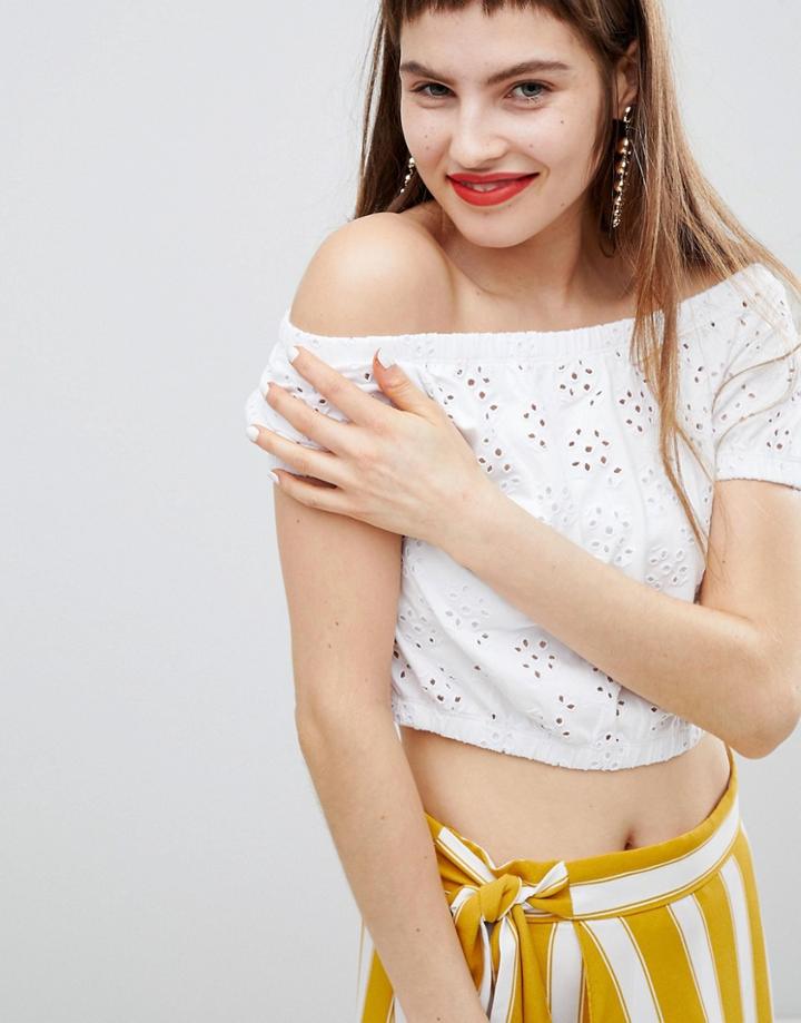 Monki Bardot Brodie Detail Cropped Top - White