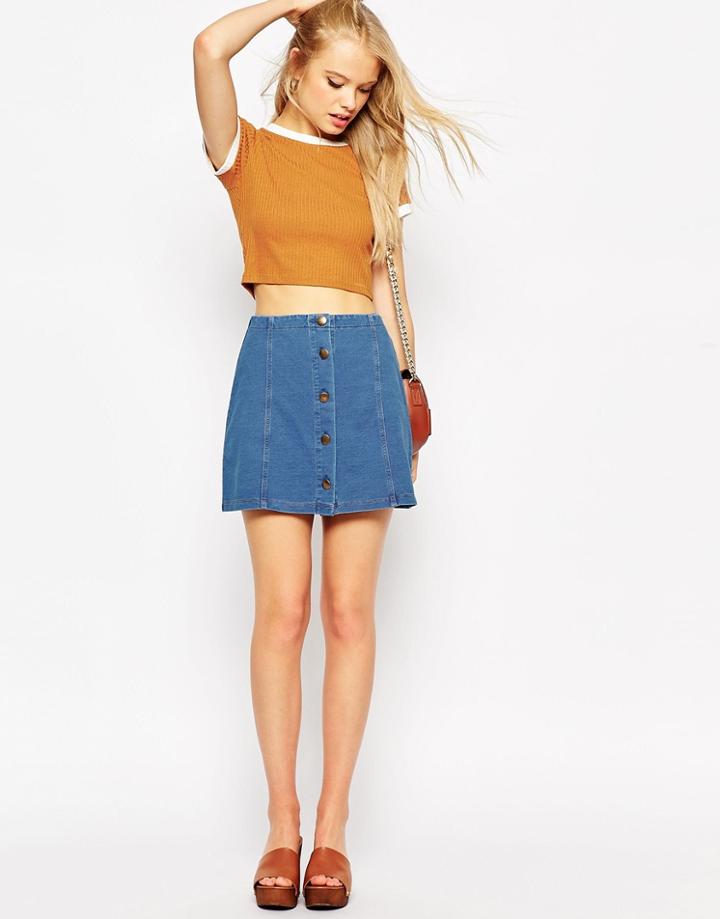 Asos Denim Look Button Through A-line Mini Skirt - Denim Blue