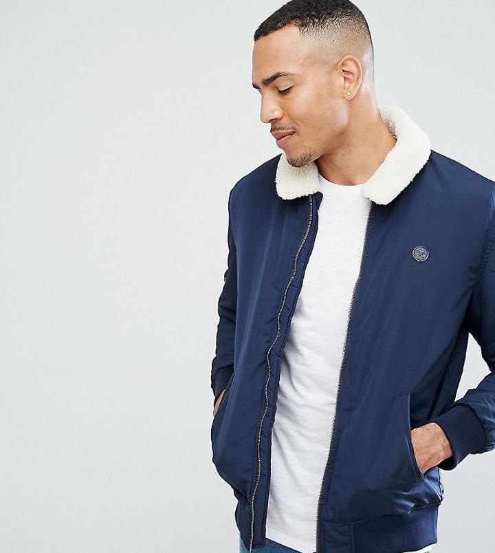 Le Breve Tall Aviator Jacket With Fleece Collar - Navy