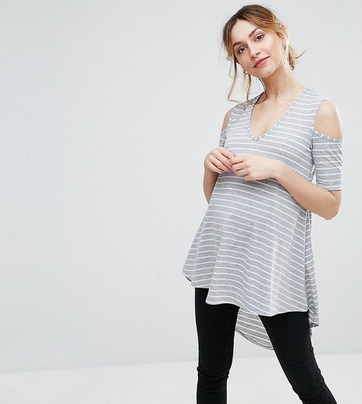 Bluebelle Maternity Striped Cold Shoulder Top - Gray