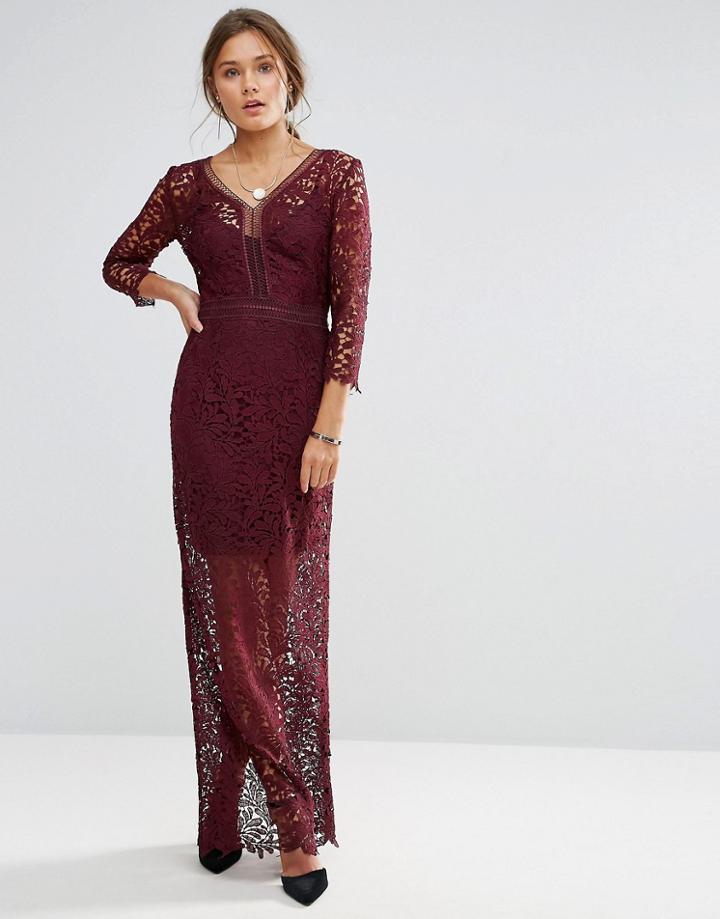Little Mistress Long Sleeve Lace Maxi Dress - Red