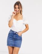 Asos Design Cotton Top With Broderie Sleeve In Ivory-white