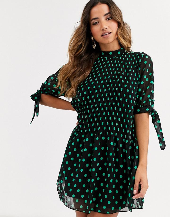 Asos Design High Neck Pleated Mini Smock Dress With Tie Sleeves In Polka Dot-multi