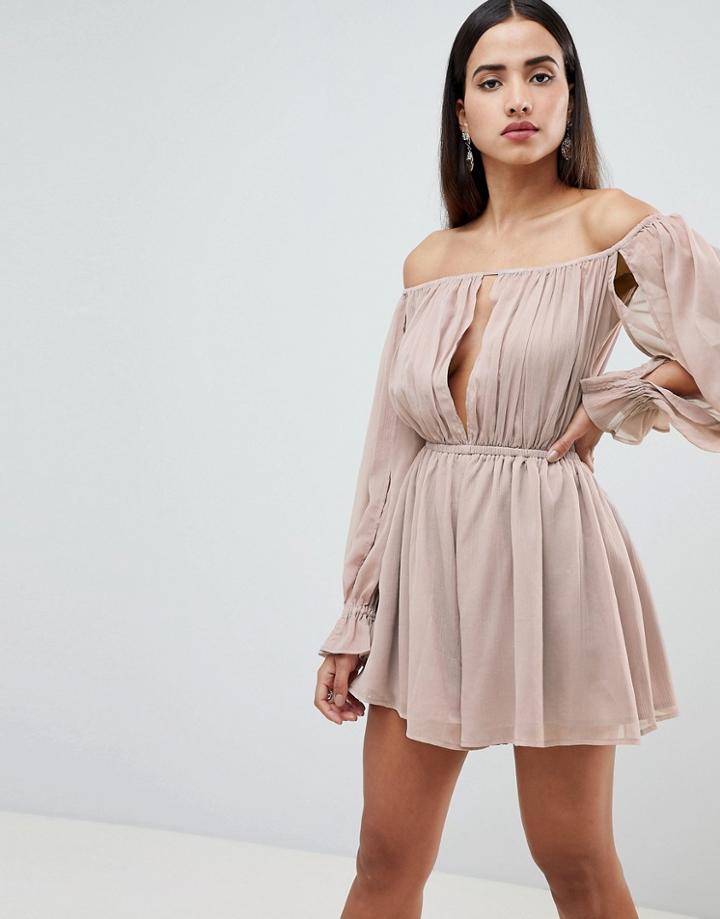 Asos Design Off Shoulder Romper With Cut Out Detail - Cream