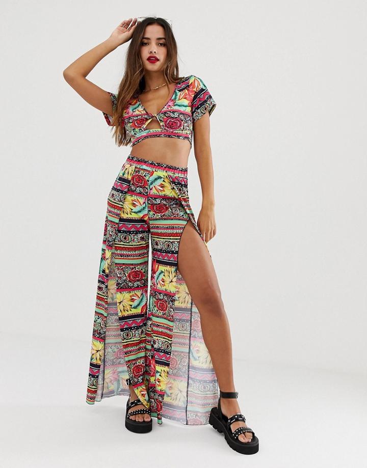 Asos Design Split Front Jersey Beach Pants In Tropical Tile Print Coord-multi