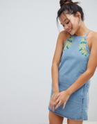 Influence Floral Embroidered Denim Shift Dress - Blue