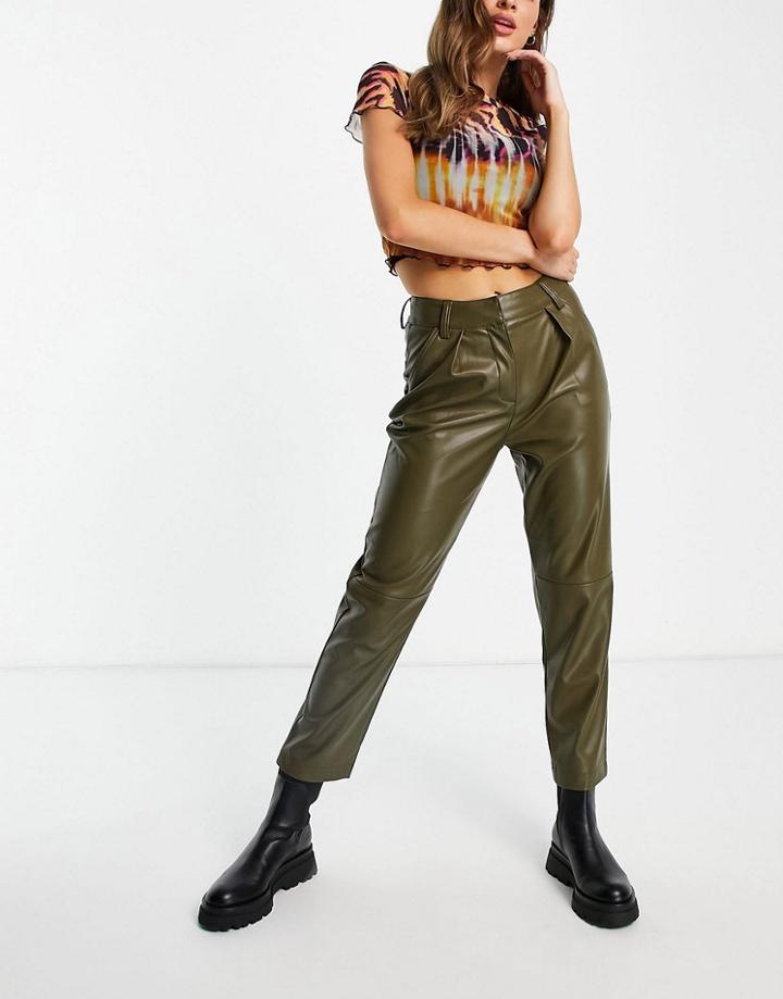 Topshop Faux Leather Peg Pant In Olive Green