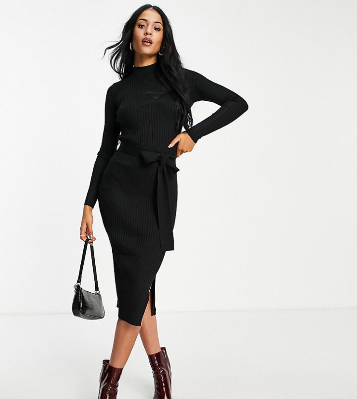 New Look Tall Rib Tie Waist Midi Dress In Black
