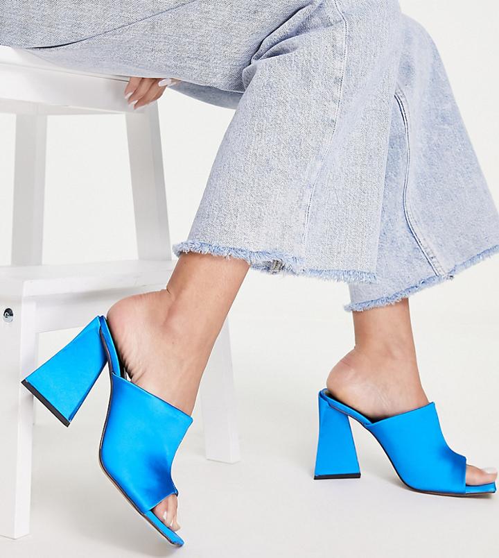 Asos Design Wide Fit Nyla Heeled Mules In Blue Satin