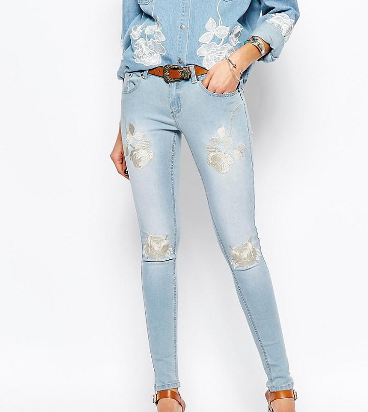Liquor & Poker Skinny Jeans With Floral Embroidery - Blue