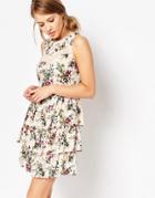 Oasis Ditsy Lace Trim Tiered Dress - Multi