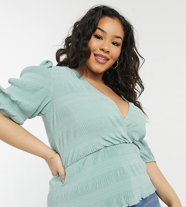 Asos Design Curve Crinkle Volume Sleeve Wrap Top In Sage Green