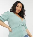 Asos Design Curve Crinkle Volume Sleeve Wrap Top In Sage Green