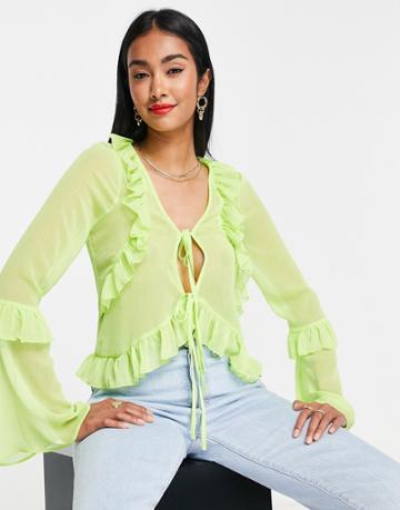 Asos Design Tie Front Frill Neck Sheer Blouse In Lime-green