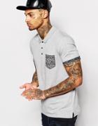 Asos Polo With Geo-tribal Printed Pocket And Roll Sleeve - Gray Marl