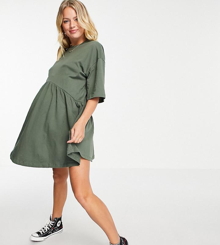 Asos Design Maternity Oversized Mini Smock Dress With Dropped Waist In Khaki-green