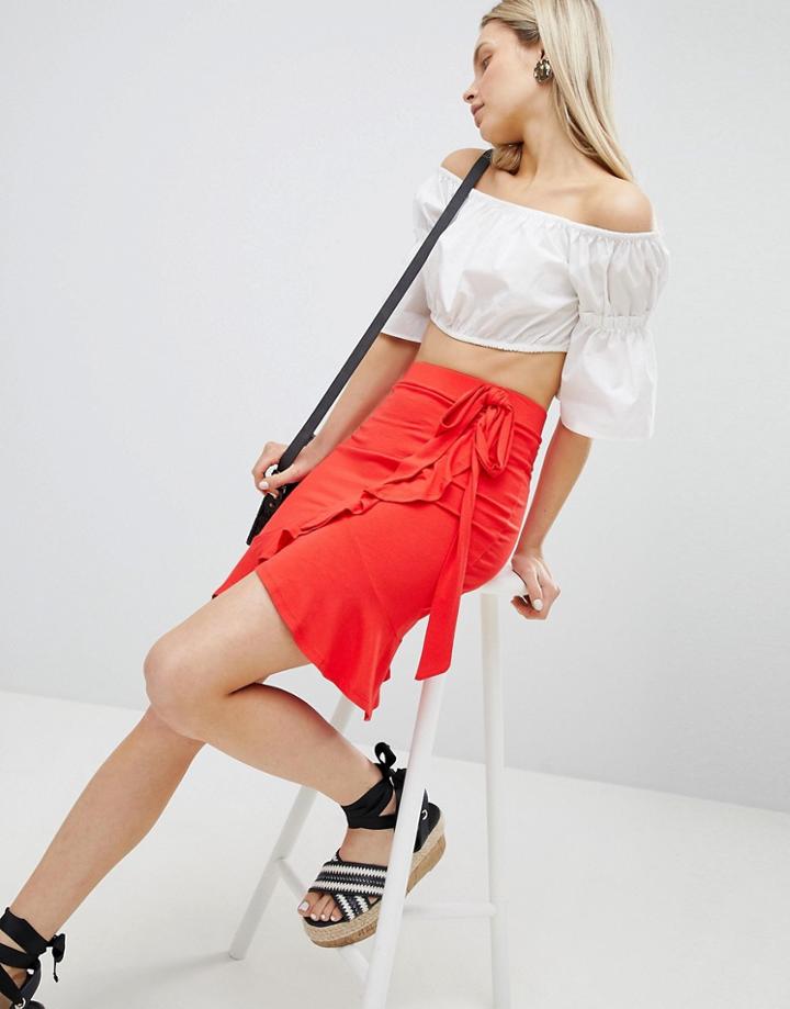 Asos Design Wrap Mini Skirt With Tie Waist - Red