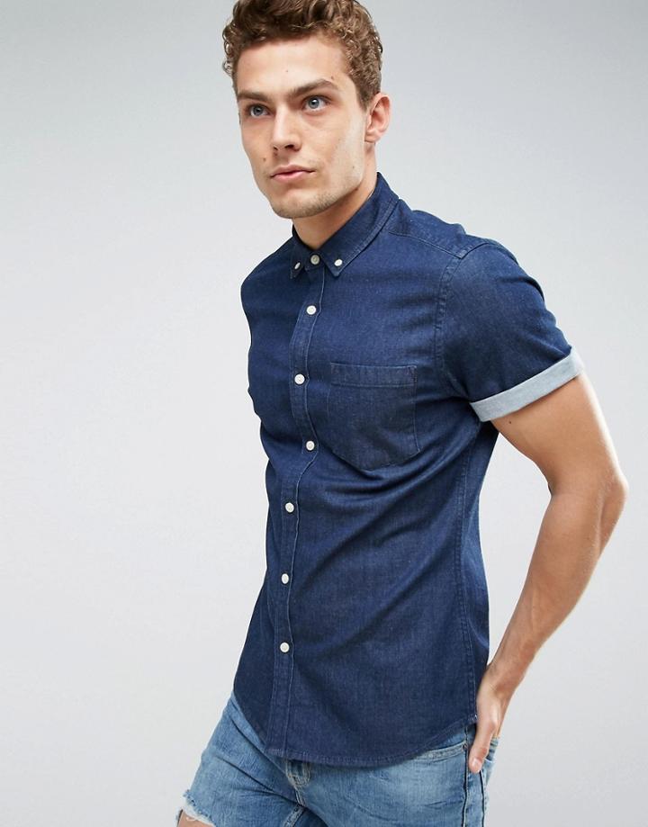 Asos Stretch Slim Denim Shirt In Rinse Wash - Navy