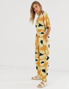 Asos Design Zip Front Slouchy Tie Waist Boilersuit With Pockets In Animal Print - Multi