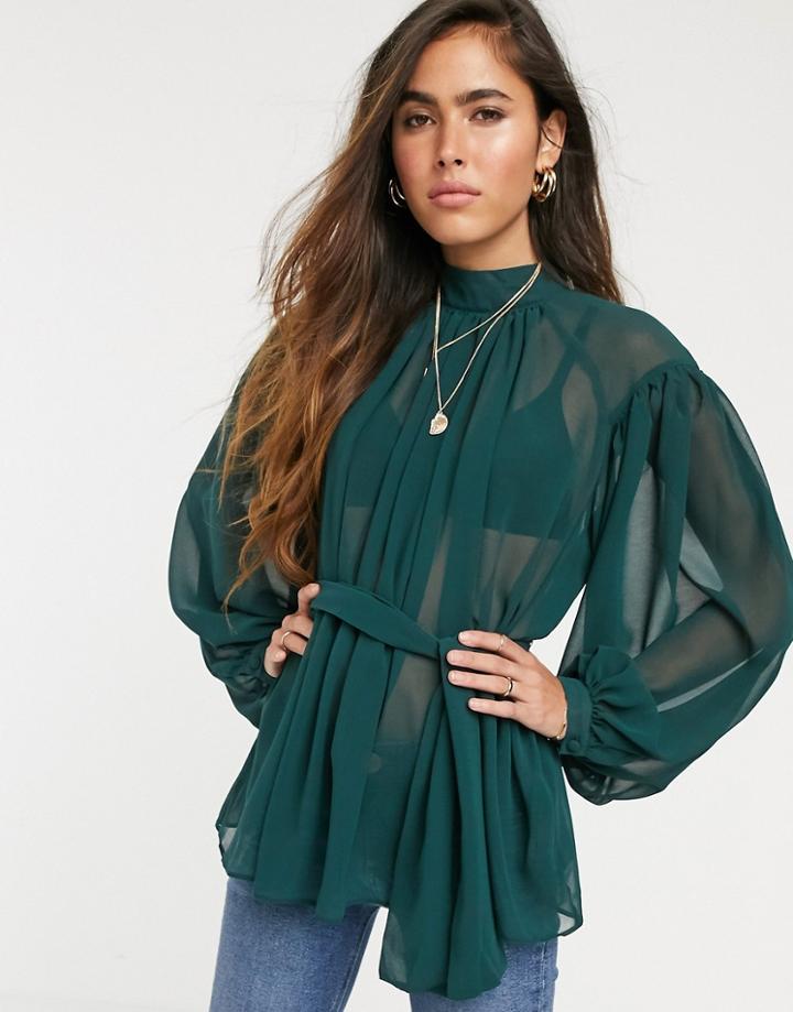 Asos Design High Neck Top With Volume Sleeve-no Color