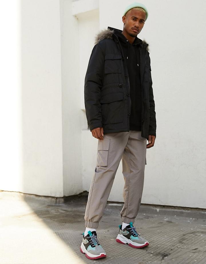Asos Design Faux Fur Hooded Parka In Black