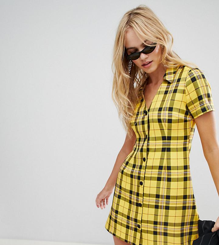 Reclaimed Vintage Inspired Mini Tea Dress In 90s Check Print - Yellow