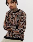 Asos Design Oversized Sweater In Zebra Design-brown