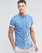 Asos Skinny Denim Shirt In Mid Wash With Short Sleeves - Blue
