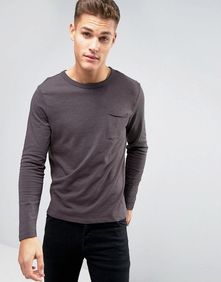 New Look Long Sleeve Slub Top In Dark Gray - Gray