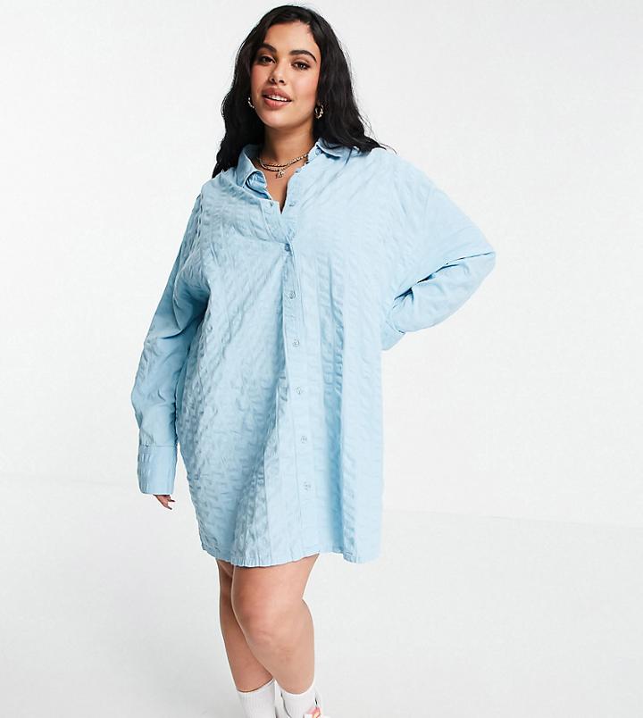 Collusion Plus Exclusive Color Organic Cotton Seersucker Mini Shirt Dress In Blue-blues