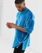 Asos Design Oversized Super Longline T-shirt With Half Sleeve In Blue Velour